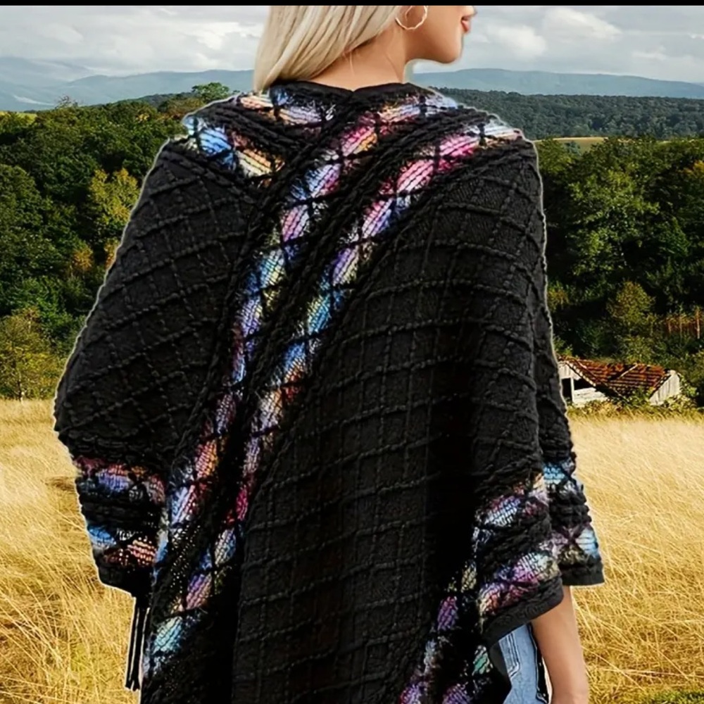 Black Poncho with Multicolor Accents NEW - Picture 2 of 4